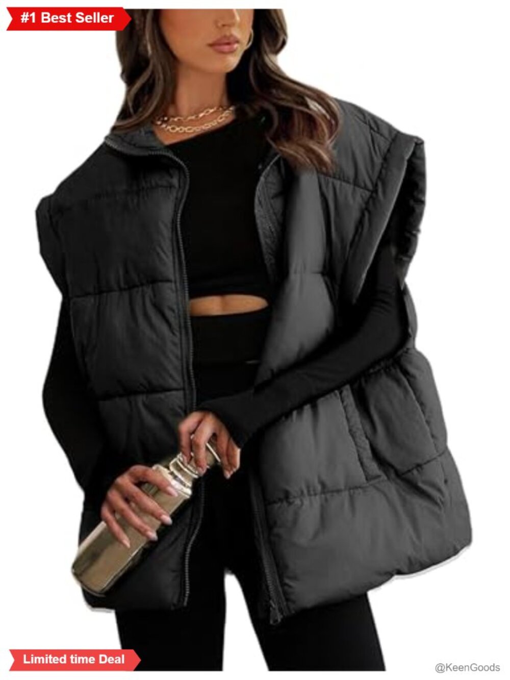 Oversized Quilted Puffer Vest Stand Collar Lightweight Winter Outerwear